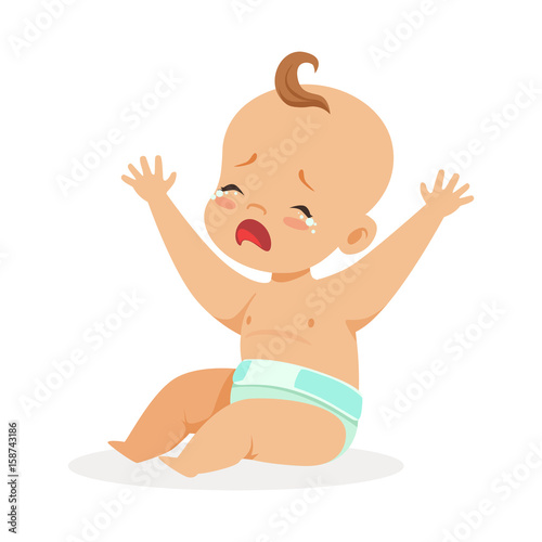 Sweet little baby in a diaper sitting with his hands raised and crying, colorful cartoon character vector Illustration