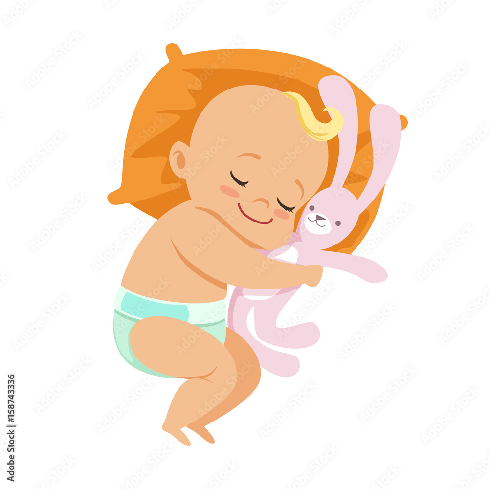 Adorable little baby in a diaper sleeping and hugging his soft toy hare, colorful cartoon character vector Illustration Adorable little baby in a diaper sleeping and hugging his soft toy hare, colorful cartoon character vector Illustration