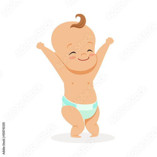 Cute smiling child standing with his arms raised, colorful cartoon character vector Illustration