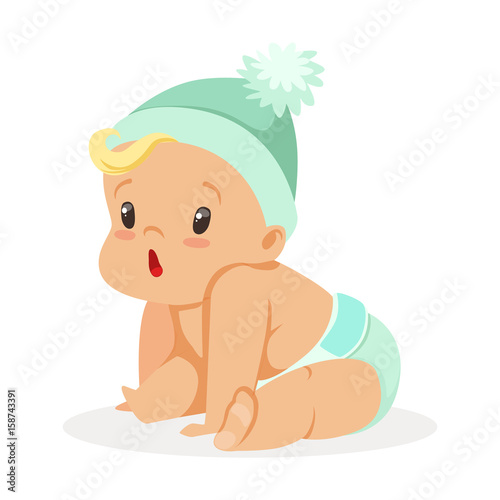 Lovely little baby wearing blue hat sitting, colorful cartoon character vector Illustration