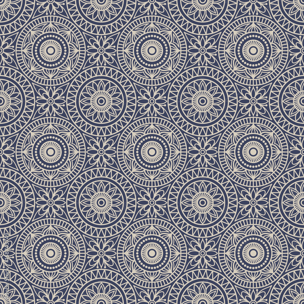 Seamless background  Eastern style blue and beige. Arabic  Pattern. Mandala ornament. Elements of flowers and leaves. Vector illustration. Use for wallpaper, print packaging paper, textiles.