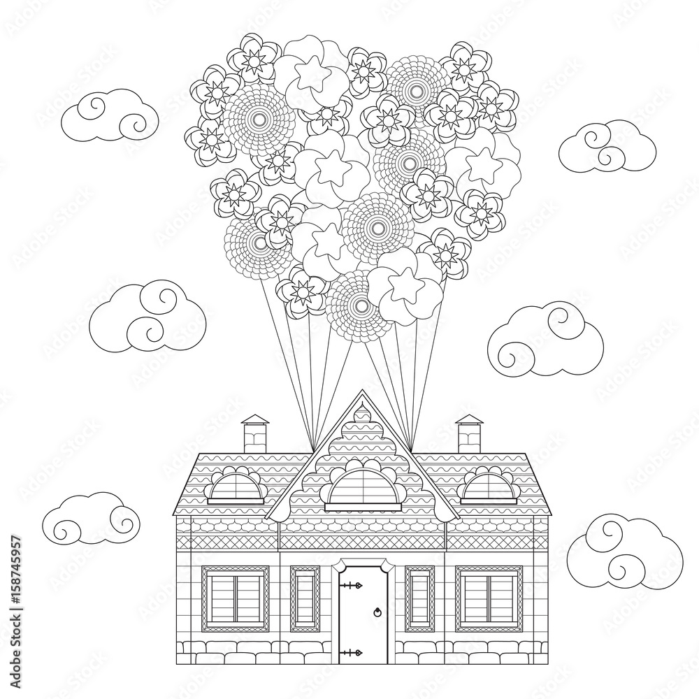 Village house, flying in clouds on a balloon of flowers. Coloring book for children and adults. Vector illustration.