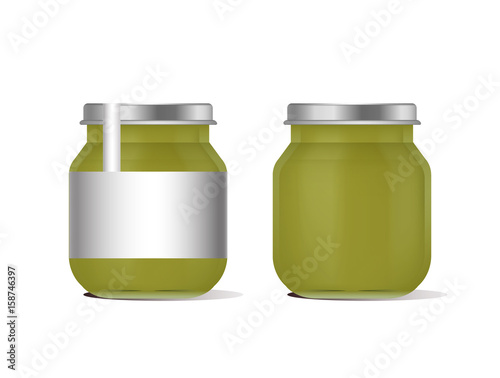 Three jars of baby food on white background