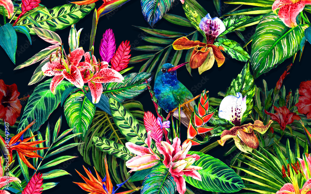 Plakat Bezszwowy tropikalny kwiecisty wzór. Ręcznie malowane akwarela egzotyczne liście, kwiaty i ptaki, na ciemnym niebieskim tle. Projekt tekstylny.