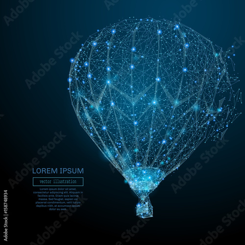 Polygonal air balloon. Vector mesh spheres from flying debris. Thin line concept. Blue structure style illustration