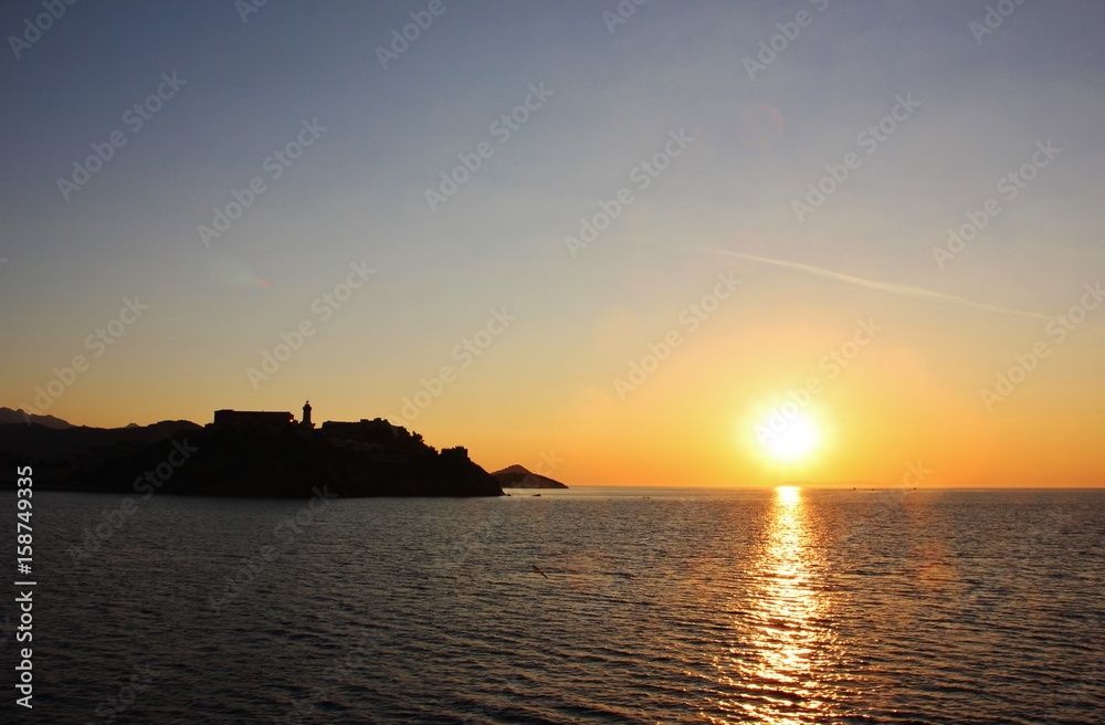 Sunset over Portoferraio town, Forte Stella and Napoleone's Residence. Elba island, Italy	