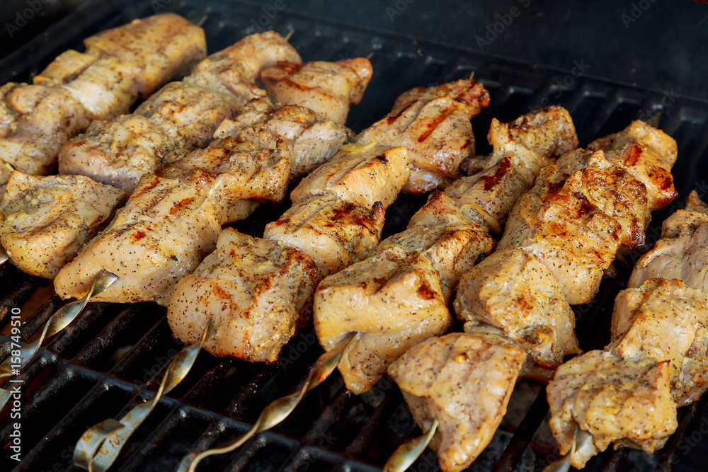 delicious grilled meat over the coals on a barbecue or the flaming grill.