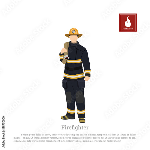 Firefighter with an fire hose on white background. Image of a fireman in a flat style