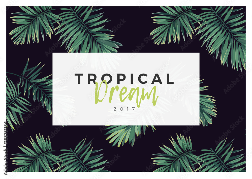 Fototapeta premium Dark vector tropical typography design with green jungle palm leaves.