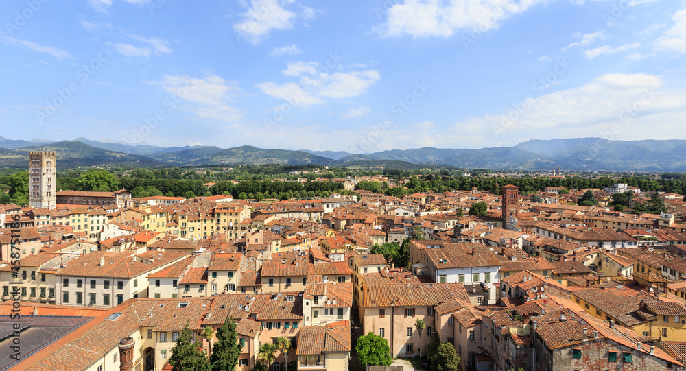 Panoramic view from Guinigi tower (Torre Guinigi) towards San Frediano Basilica and Piazza dell' Anfiteatro in Lucca