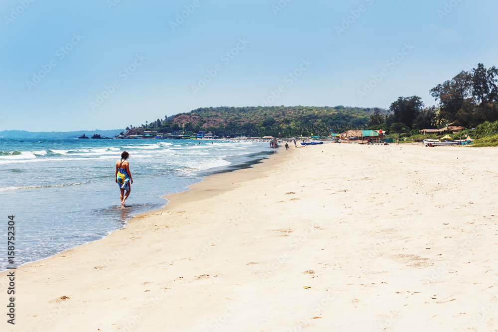 Sea view and tropical sandy beach with sunny sky. Goa, India.