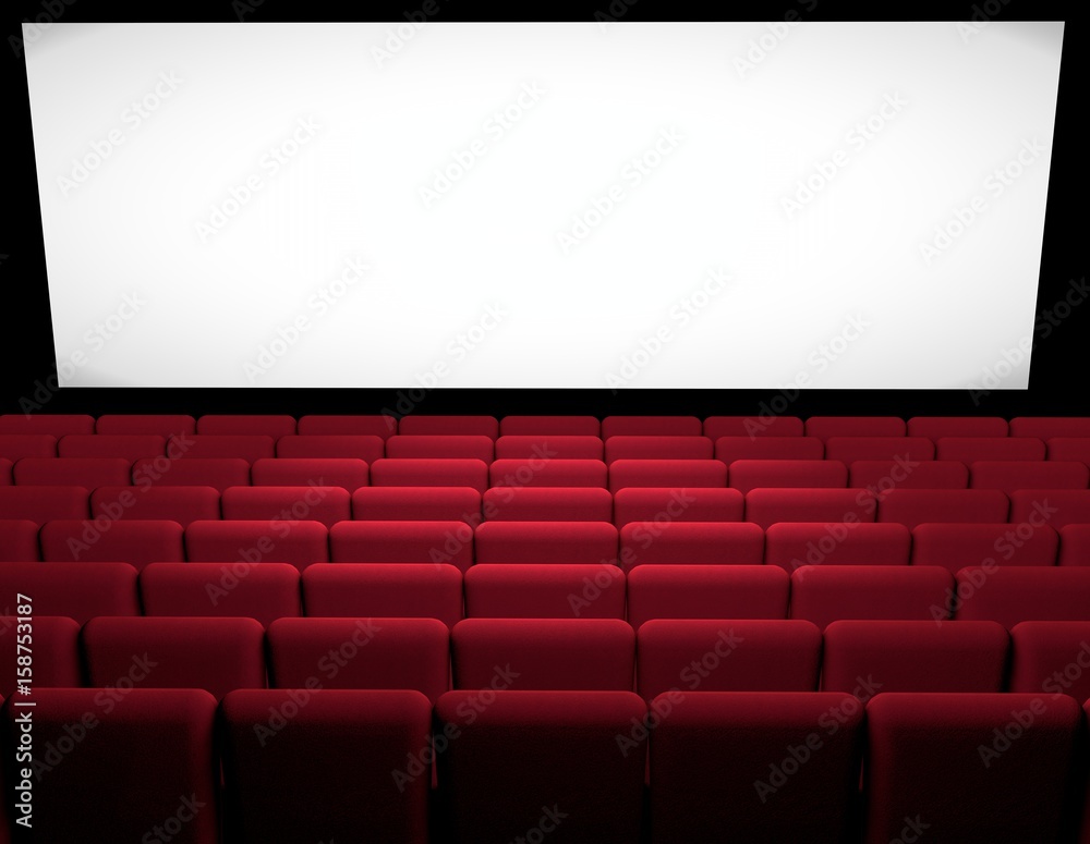 Sala cinematografica con poltrone rosse, presentazione film, cinema, schermo