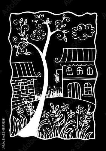 Tree with artistic houses. Doodle style.
