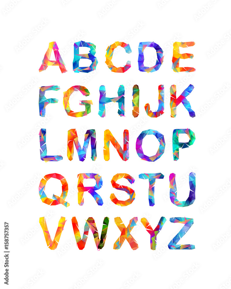 Triangular vector alphabet. Multicolored letters