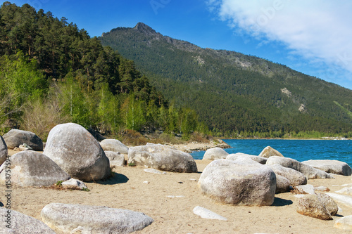 View on Lake Big Chebache in Burabai National Nature Park in the Republic of Kazakhstan. Beautiful landscape.  Margin of Lake Big Chebache. photo