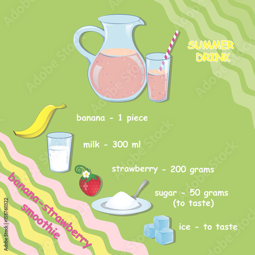 The recipe for a summer drink. Banana-strawberry smoothie. Cold drink strawberry and banana. Vector illustration card, magazine, cafÃ© and restaurant menus. Fresh cocktail for a healthy lifestyle.
