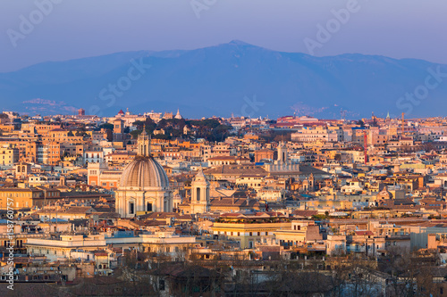 Cityscape of Rome, Italy, at sunset in autumn, a view from the Gianicolo (Janiculum) hill