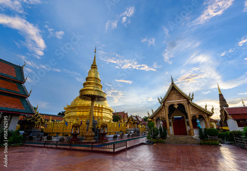 Wat Phra That Hariphunchai with blue sky in Lamphun Province, Thailand. Most famous temple in northern of Thailand.
