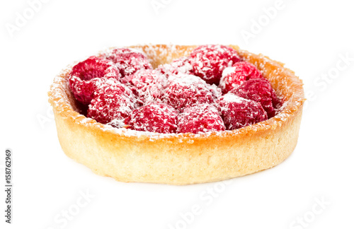 Tartlet with fresh raspberries and powdered sugar