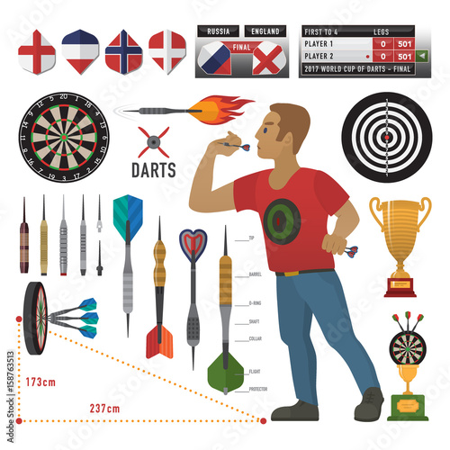 Darts items, elements, labels, icons, symbols, emblems with darts men, dart, arrow, dartboard, trophy shield for sport and leisure theme design. Vector illustration art