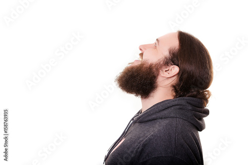 Close up of long beard and mustache cosmonaut dressed in informal clothes isolated on white background