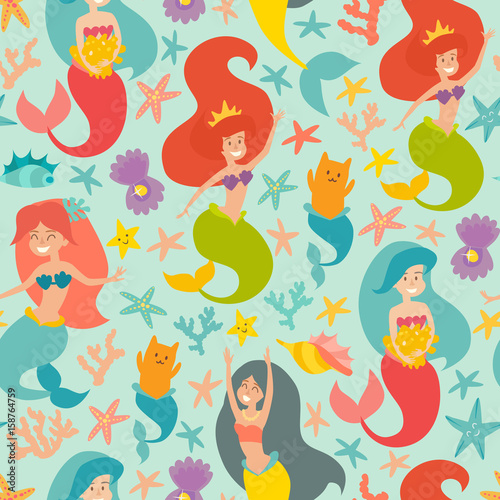 Marine vector pattern. Seamless pattern with cute mermaids, cat, pearl and starfish. Design for wrapping, fabric, textile. Sea background with cute mermaid girls