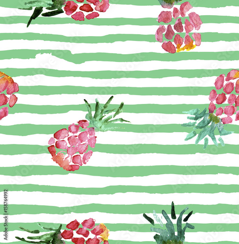 The seamless pink pattern of fresh fruit pineapple. Hand drawn watercolor painting on white background.
