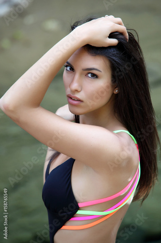 Outdoor portrait of fashion brunette model
