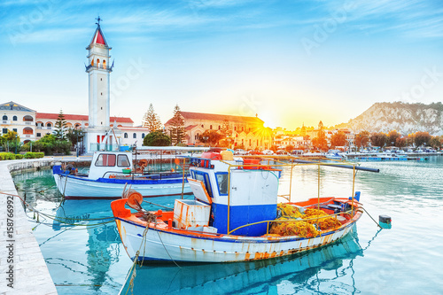 Canvas Print Zante - Zakinthos island, old port with moored boats and church tower landmark