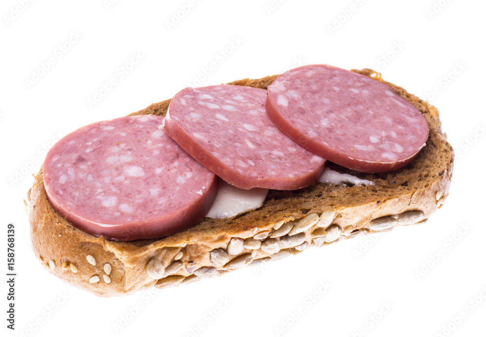 Sandwich of multi-grain bread with salami sausage Sandwich of multi-grain bread with salami sausage