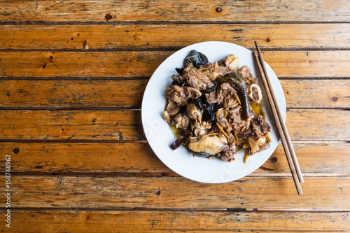 above view of chicken with mushrooms photo