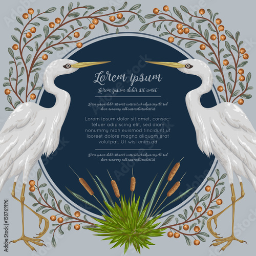 Heron bird and and swamp plants. Marsh flora and fauna. Design for banner, poster, card, invitation and scrapbook. Botanical vector illustration in watercolor style