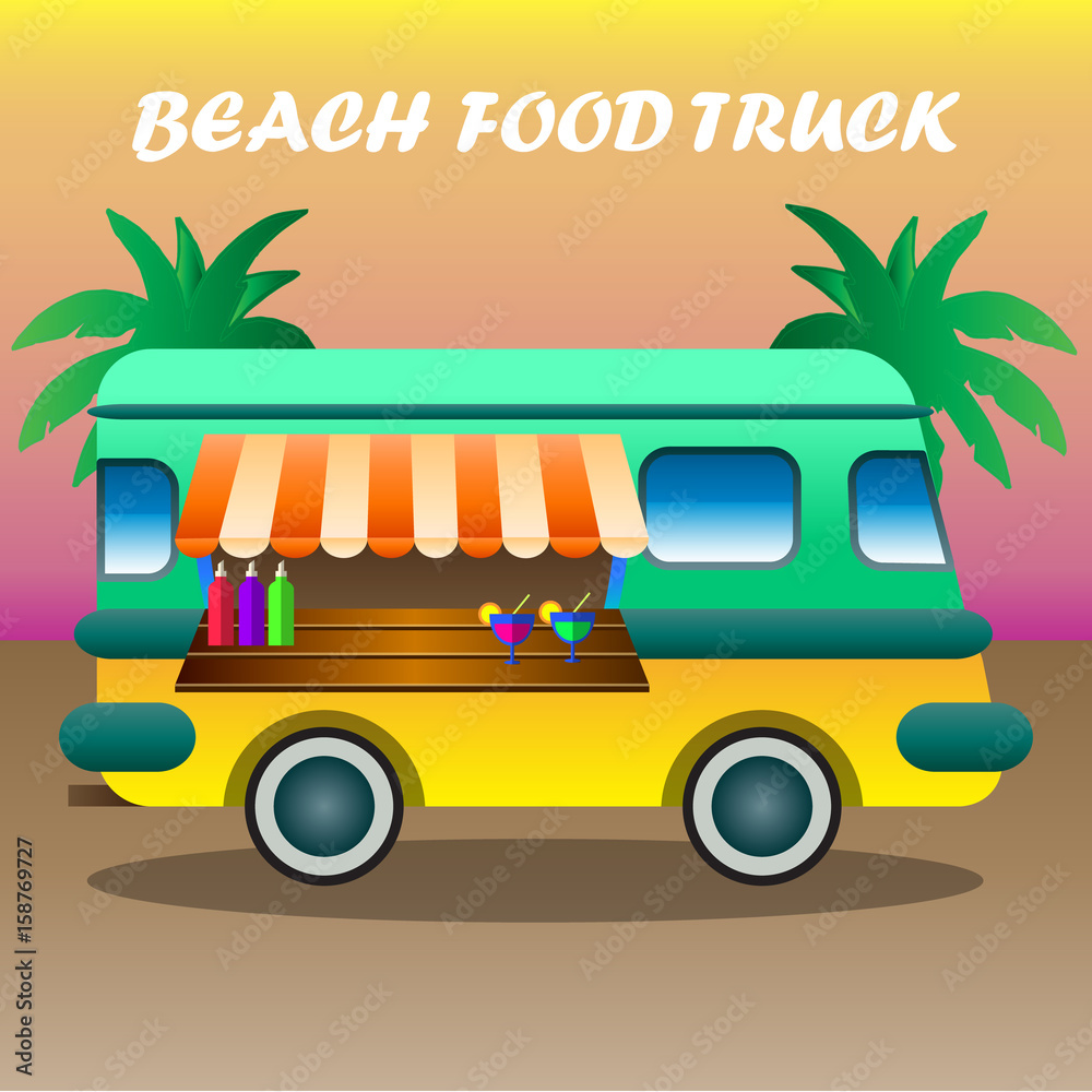 Food truck among palm trees on tropical beach. Vector cartoon illustration  Stock Vector