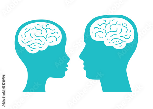 Man and woman heads with brain silhouette icon.
