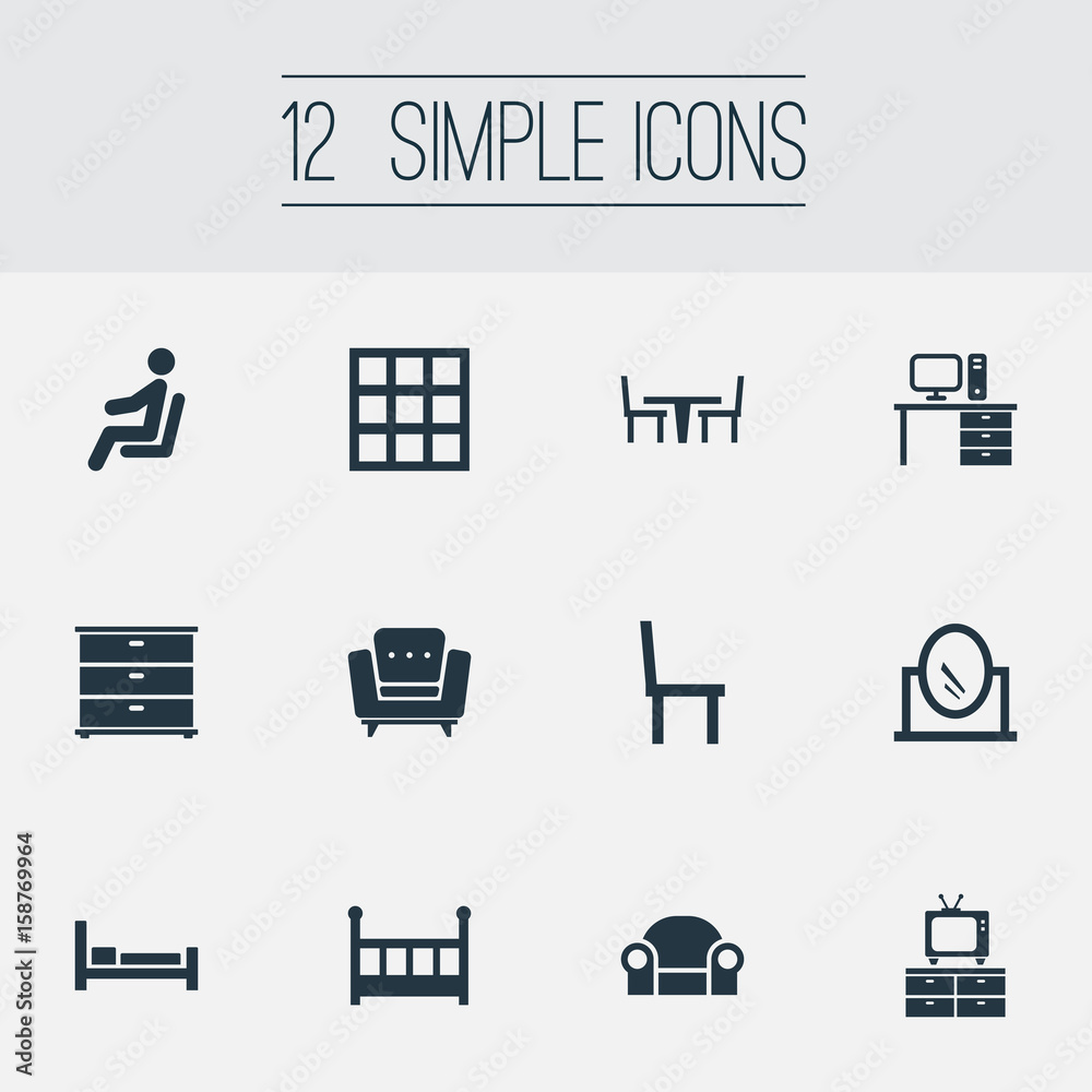 Vector Illustration Set Of Simple Furniture Icons. Elements Cabinet,  Easychair, Display And Other Synonyms Stool, Looking-Glass And Chest. Stock  Vector | Adobe Stock