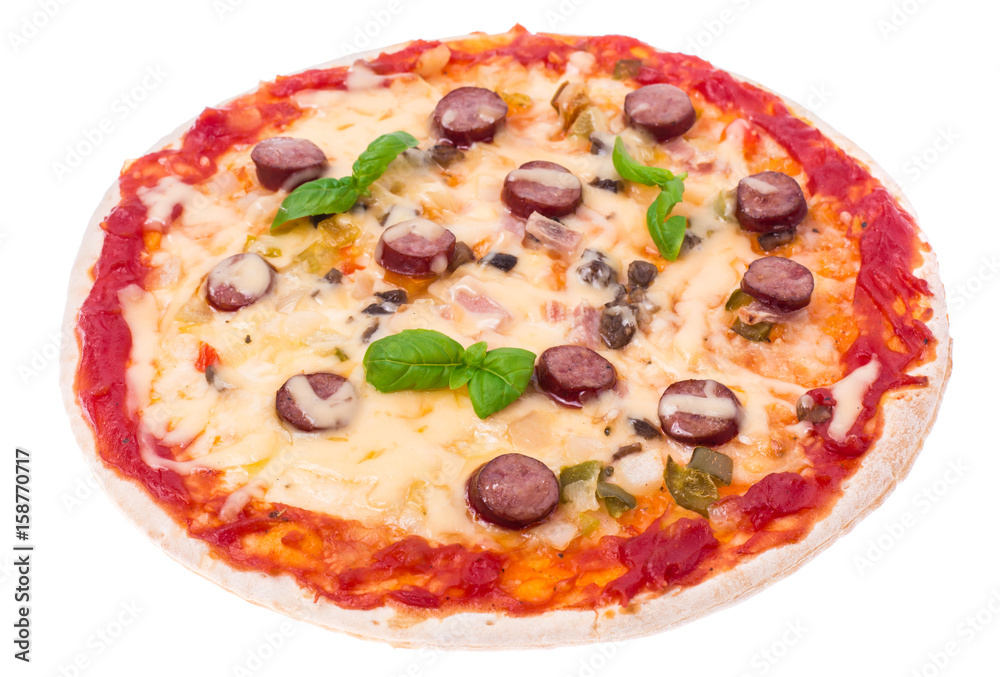 Fototapeta Pizza with sausages and cheese on white background
