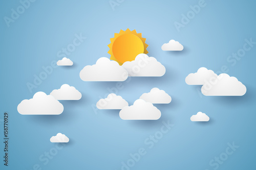 Cloudscape , blue sky with clouds and sun , paper art style
