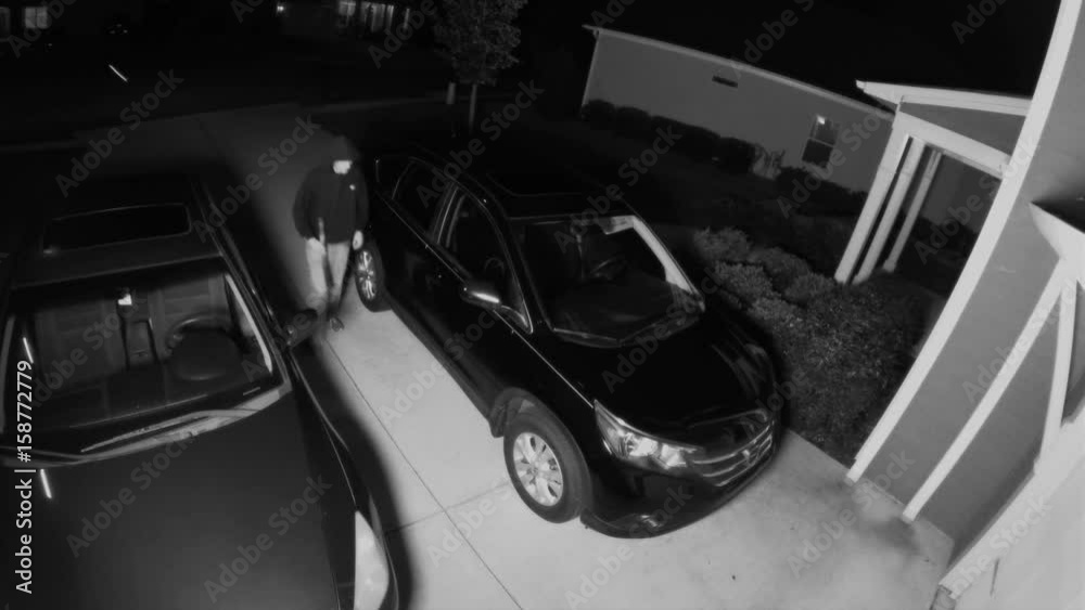 Surveillance video of car break in in a driveway of a residential home in the US and the thief stealing a woman purse. 