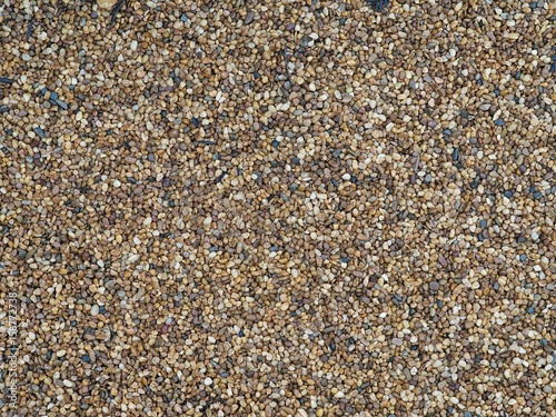 Brown small pebbles stone in the garden abstract background.
