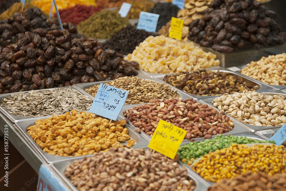 Dry nuts on the market in Jerusalem, Israel