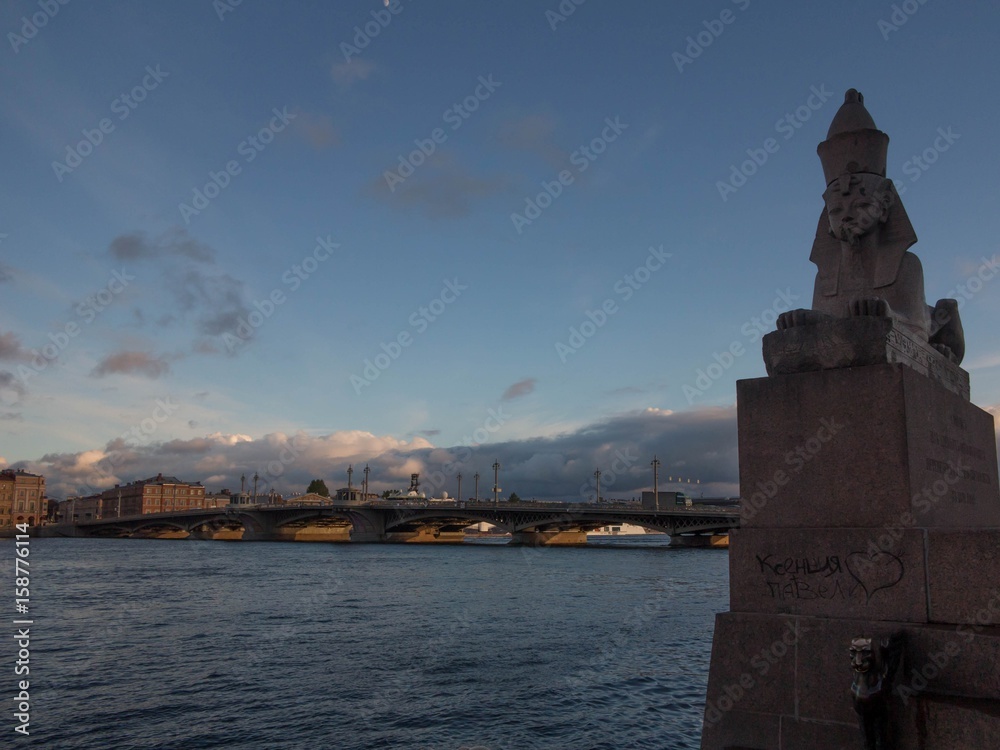 Sphinx in the background of the city of St. Petersburg