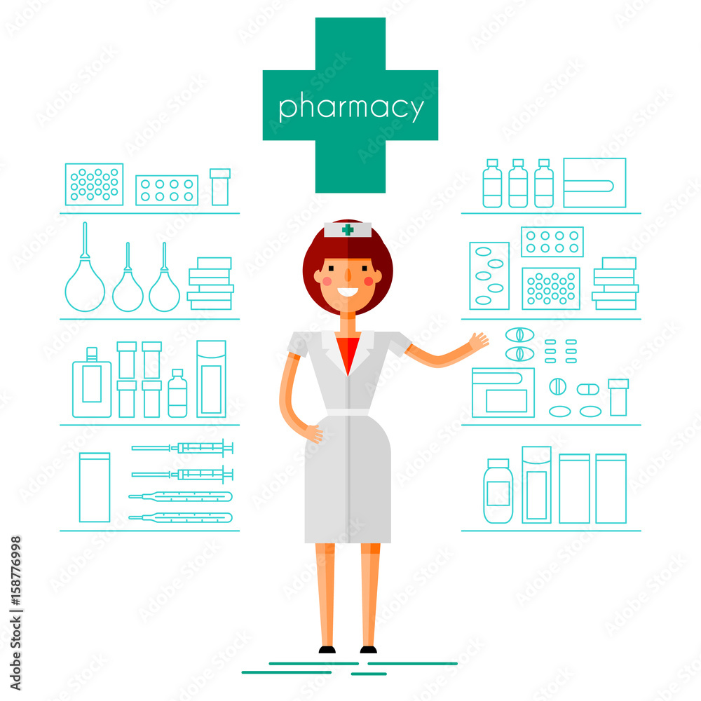 Pharmacist in the pharmacy, medicines and accessories. Flat, linear style. Stylized image. Vector illustration. Pharmacist in the pharmacy, medicines and accessories. Flat, linear style. Stylized image. Vector illustration.