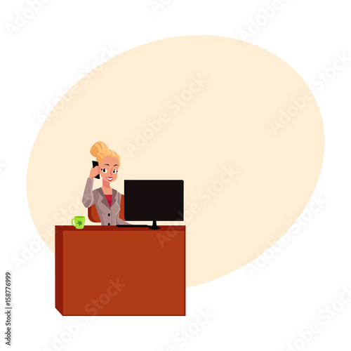 Young pretty blond businesswoman, secretary answering phone, calling at office table, cartoon vector illustration with space for text. Businesswoman, secretary, office manager answering phone