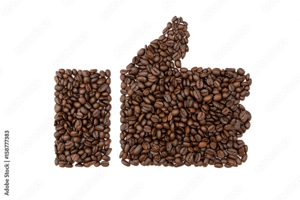 Like or hand symbol of coffee beans isolated on white background. Like or hand symbol of coffee beans isolated on white background.