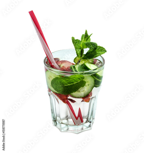 Detox Water with strawberries, ice and fresh cucumber isolated on white background. Healthy lifestyle. photo