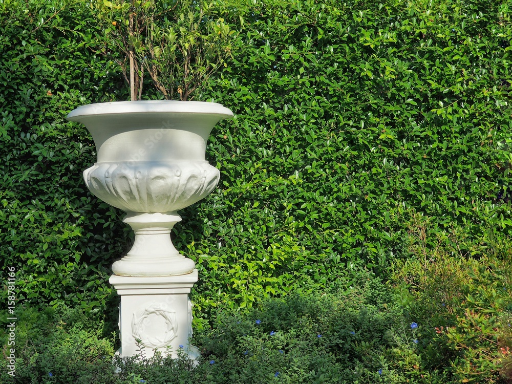Flower pot decorate in the garden. Exterior garden design in europe and vintage style. Flower pot decorate in the garden. Exterior garden design in europe and vintage style.