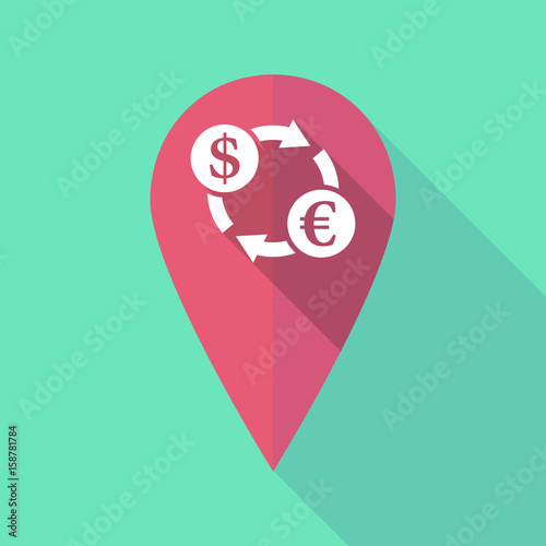 Long shadow map mark with a dollar euro exchange sign
