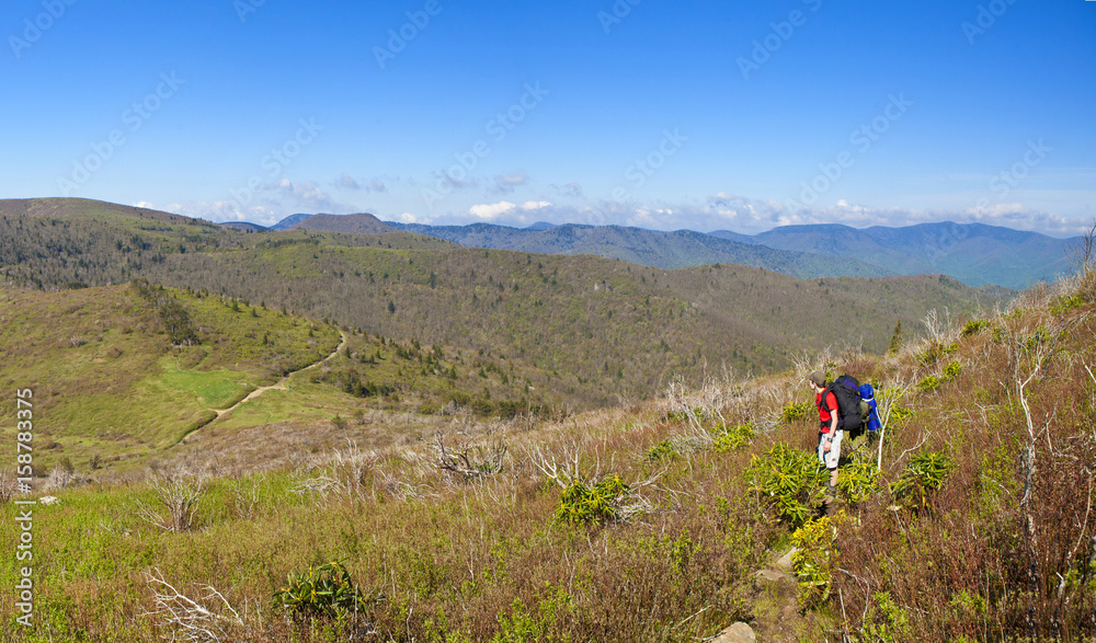 boy backpacking in the mountains of North Carolina