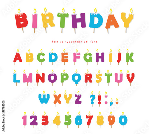 Birthday candles colorful font design. Bright festive ABC letters and numbers isolated on white.