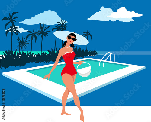 Beautiful woman in retro swimsuit posing at a pool with a beach tote, EPS 8 vector illustration